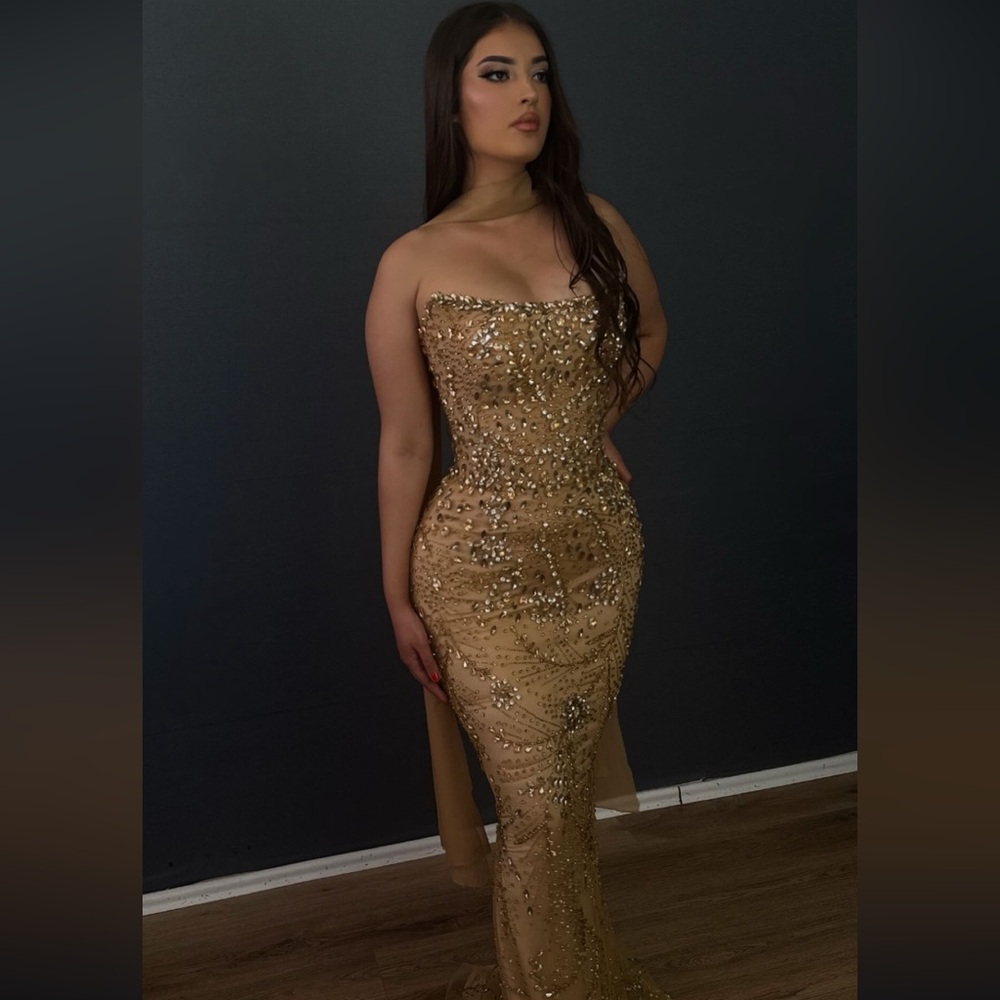 Elegant Gold Strapless Evening Gown